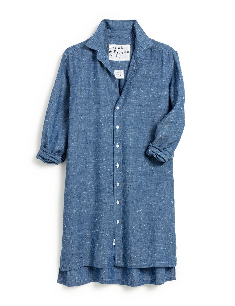 Flat front of Textured Blue Frank & Eileen Hunter Step-Hem Shirtdress in Classic Linen