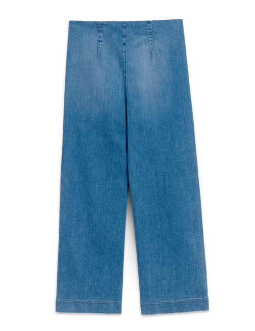 A pair of medium-wash blue denim pants with a wide-leg fit, shown flat against a solid white background., view 6