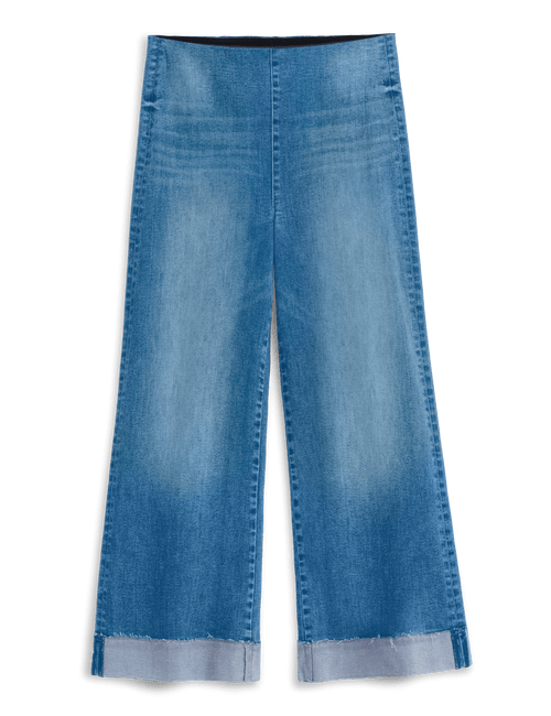 Light blue wide-leg denim jeans with a faded wash and rolled cuffs, shown flat against a solid black background., view 5