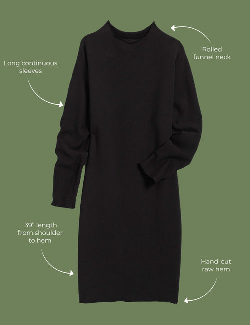 Lay flat image of the Izzie dress. Arrows are pointing to different areas of the dress and text highlights features including long continuous sleeves, rolled funnel neck, 39" length from shoulder to hem, hand-cut raw hem., view 4