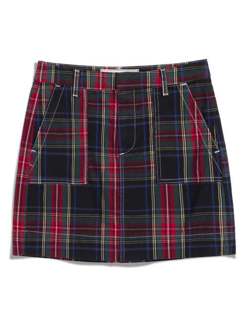 A plaid mini skirt featuring red, green, blue, and black tartan patterns with yellow and white accent lines. It has a front button closure, belt loops, and large front patch pockets., view 6