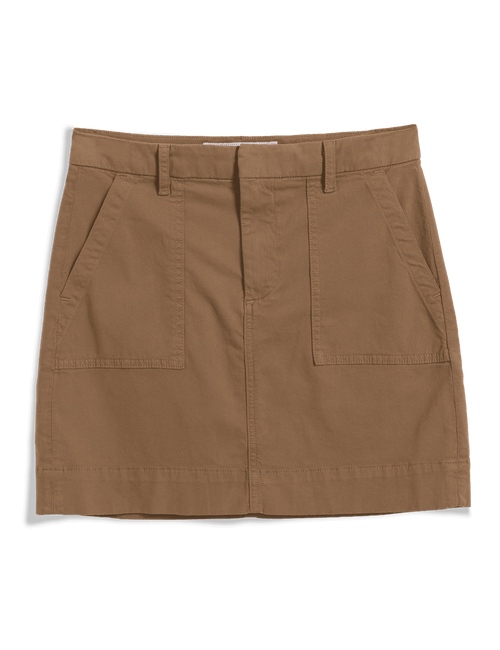 A brown utility-style mini skirt with belt loops, front button closure, and two large front patch pockets, shown flat against a solid green background., view 4
