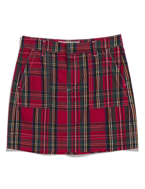 A red tartan plaid mini skirt with front patch pockets, photographed flat against a white background., view 4