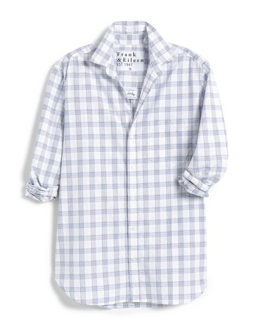 Flat front of Blue Plaid Frank & Eileen Joedy Boyfriend Button-Up Shirt in Classic Poplin