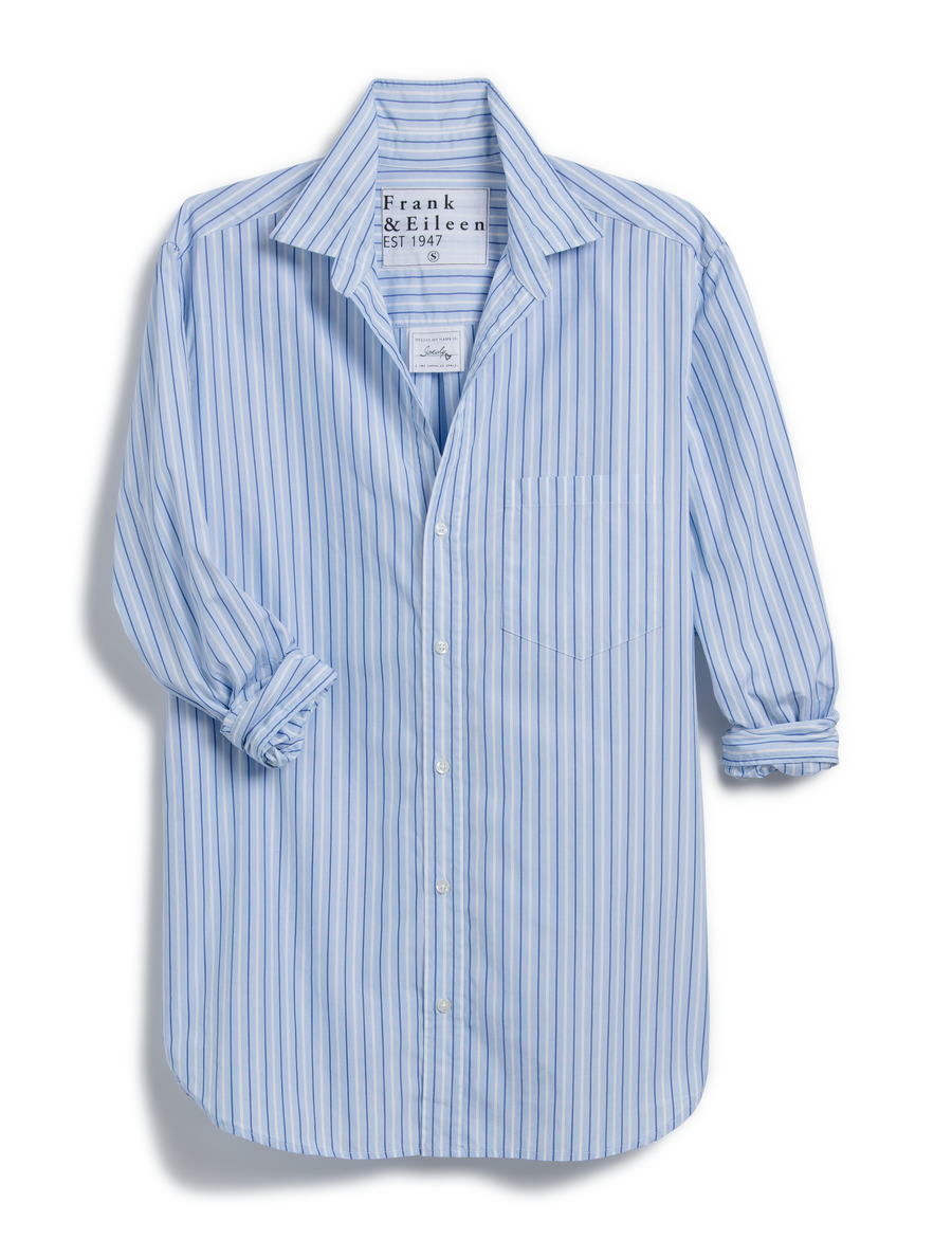 Flat front of Blue Stripe Frank & Eileen Joedy Boyfriend Button-Up Shirt in Superluxe