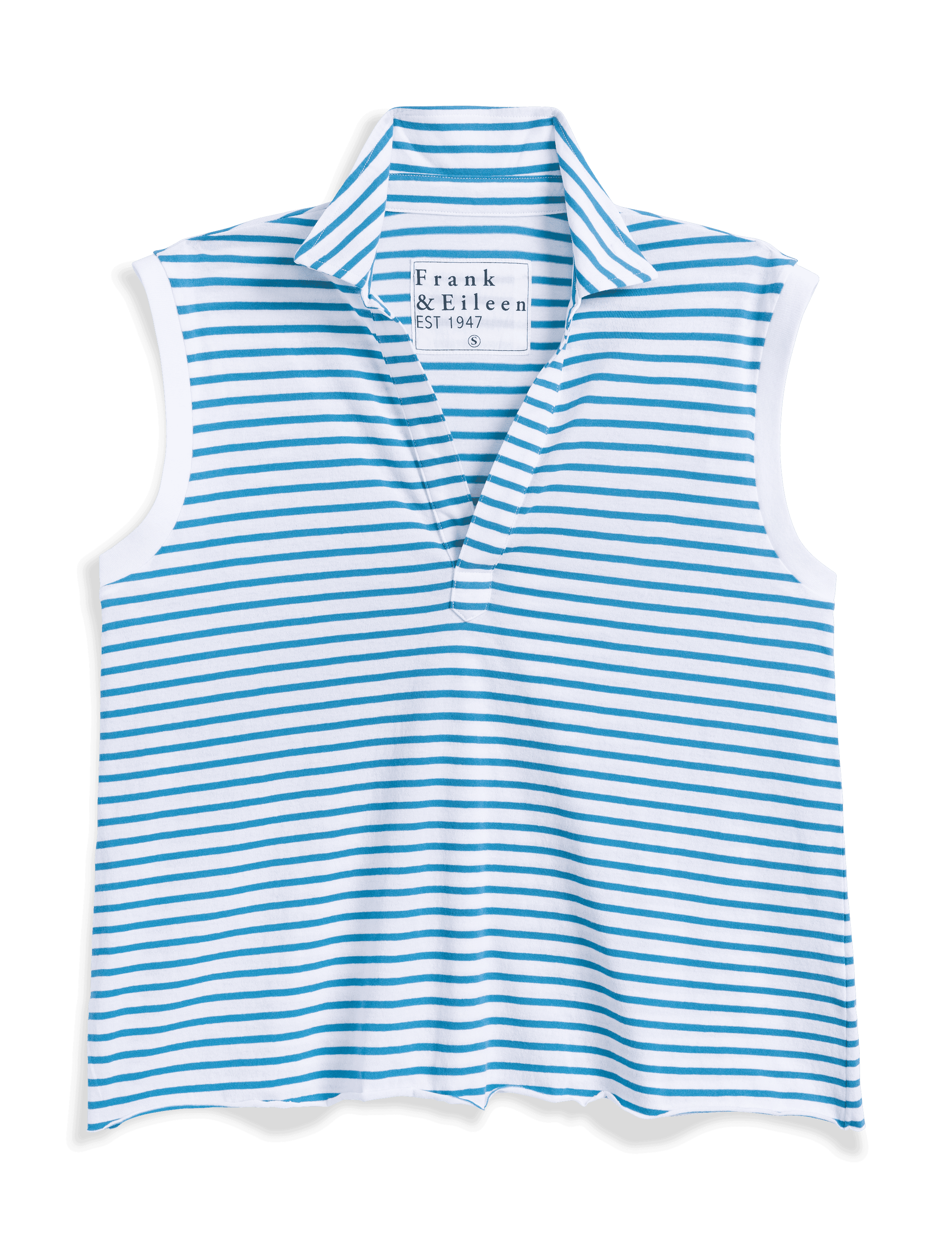 Blue and white striped vest with a brand label on a transparent background, view 4