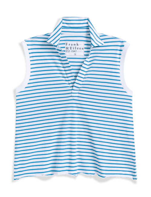 Blue and white striped vest with a brand label on a transparent background, view 4