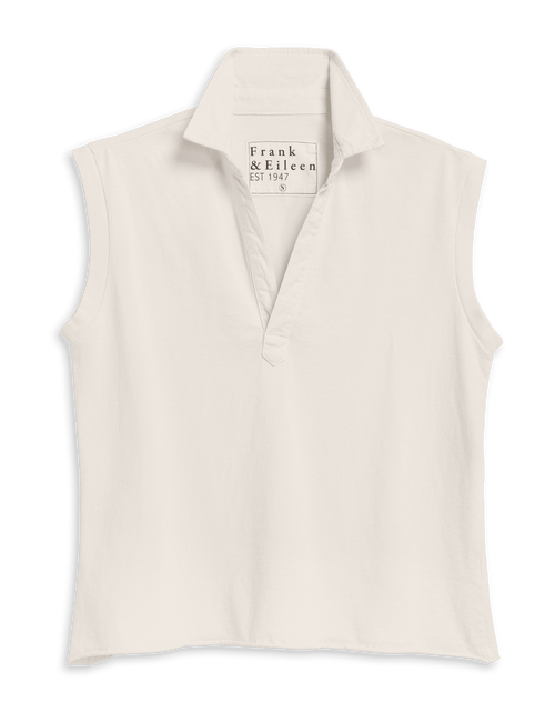 An off-white sleeveless polo shirt with a collar and button placket, shown flat against a white background. The brand label 'Frank & Eileen' is visible inside the collar., view 4