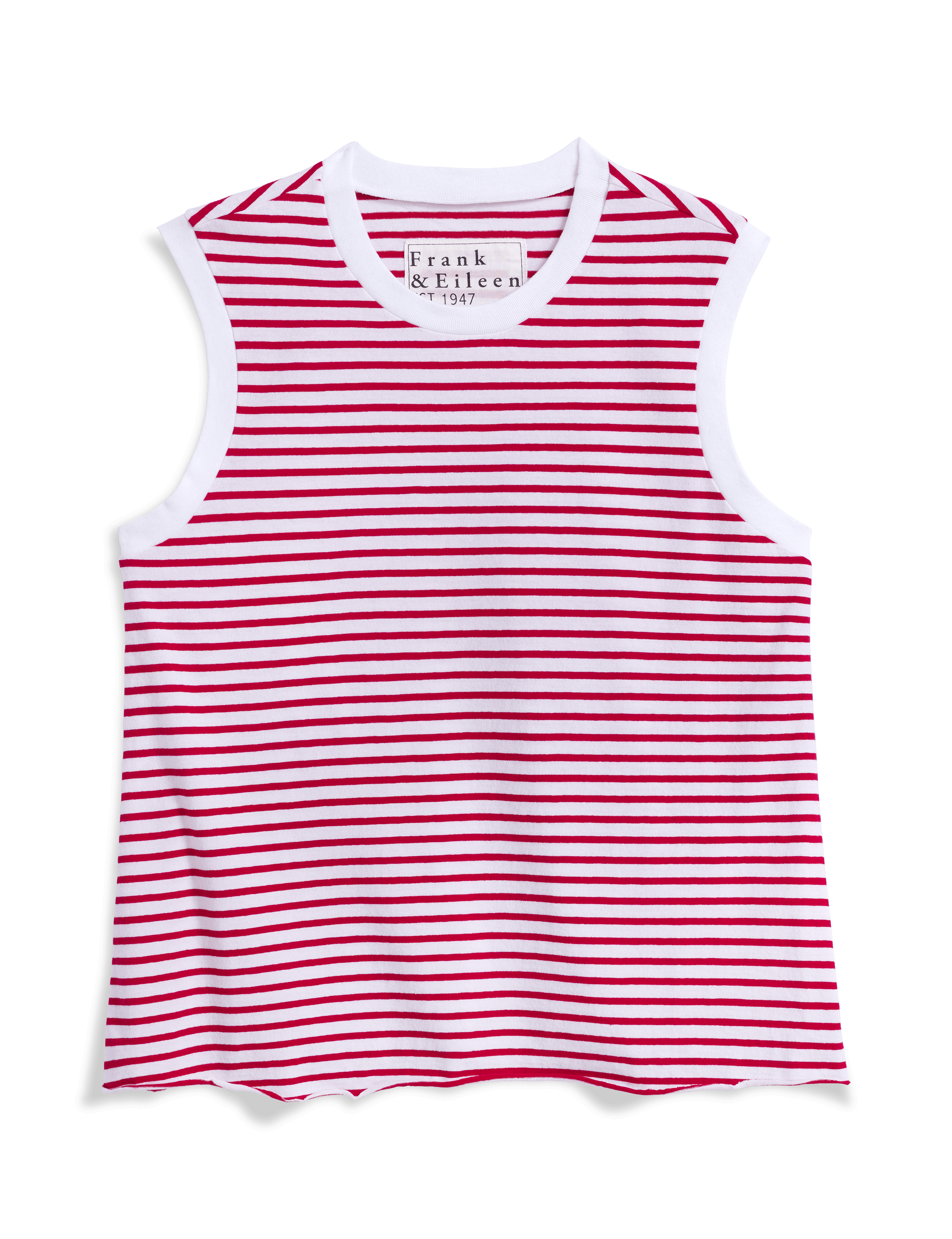 Red and white striped tank top with 'Frank & Eileen' branding on a black background, view 4