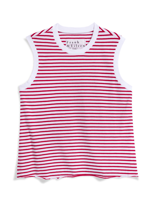 Red and white striped tank top with 'Frank & Eileen' branding on a black background, view 4