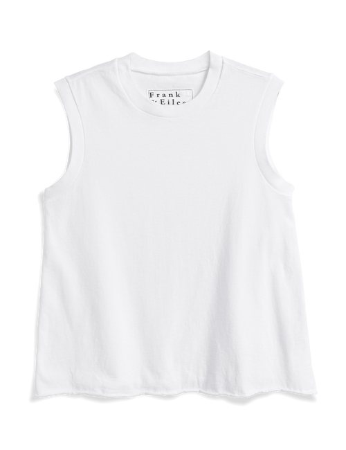 White sleeveless top with 'Frank & Eileen' branding on a white background, view 4