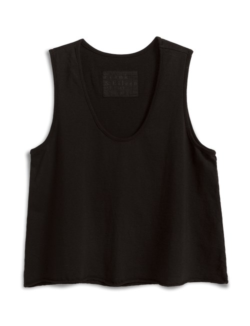 Black tank top with a brand label on a black background, view 4