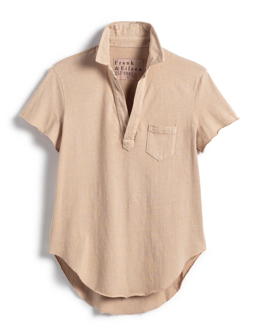 Flat front of Tan Frank & Eileen Charlotte Perfect Polo in Heritage Jersey