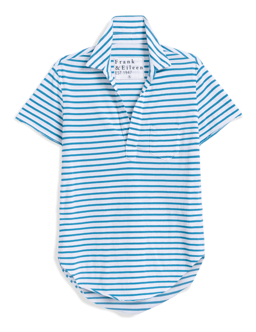 Blue and white striped shirt with a brand label on a black background, view 6