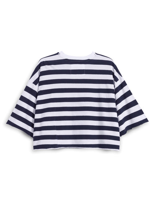 Navy and white striped shirt on a black background, view 6