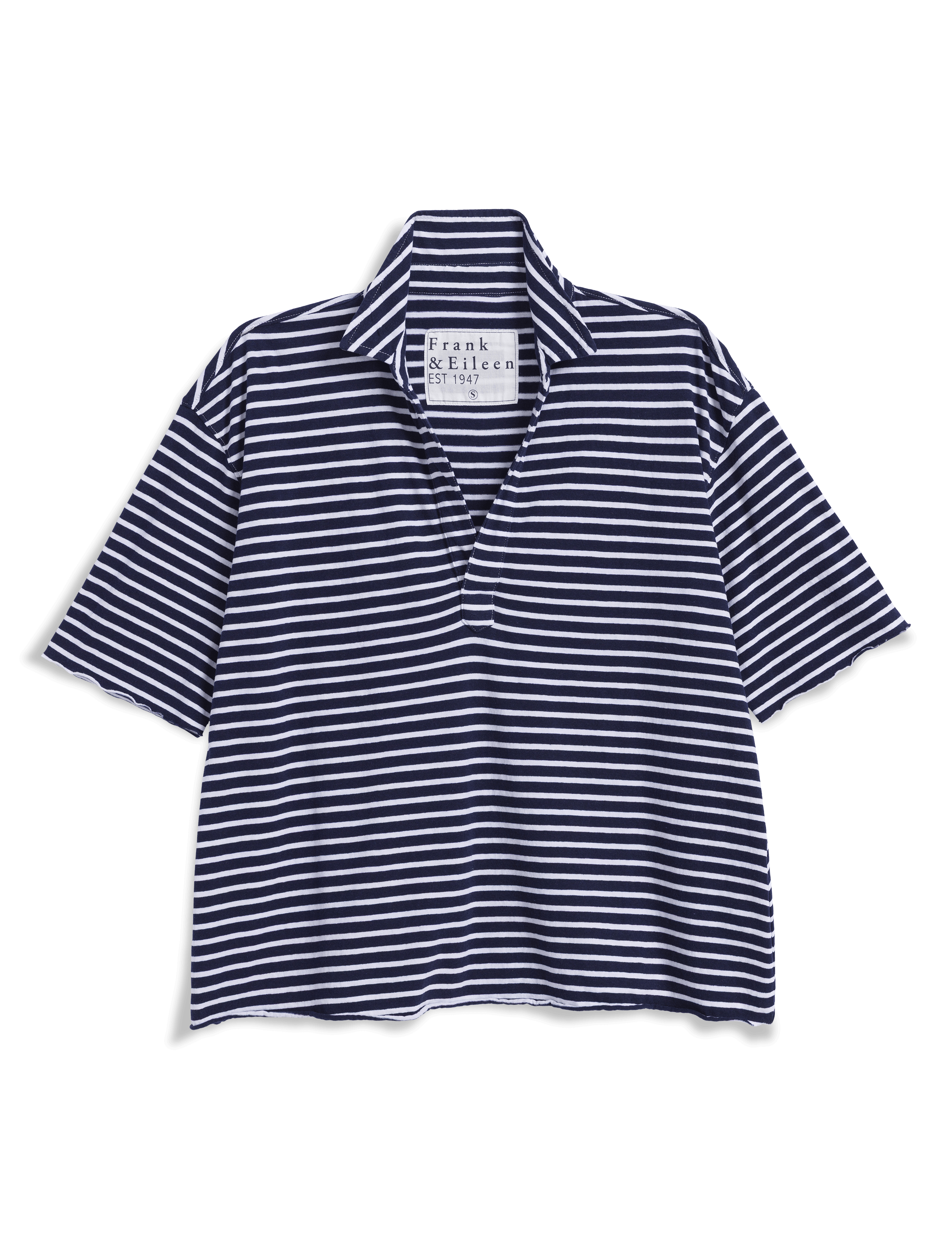 Navy and white striped polo shirt on a black background, view 6