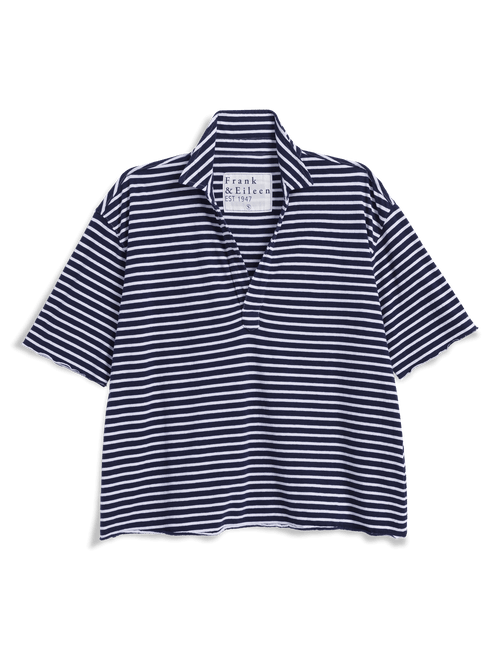 Navy and white striped polo shirt on a black background, view 6