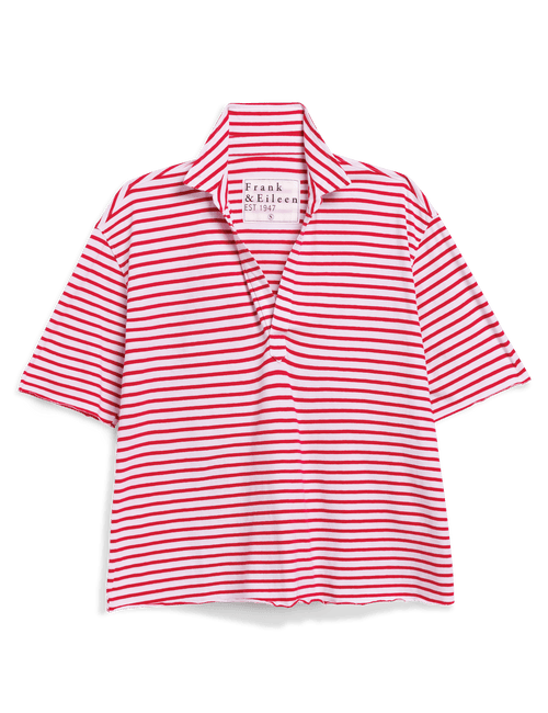 Red and white striped shirt with brand label on a transparent background, view 4
