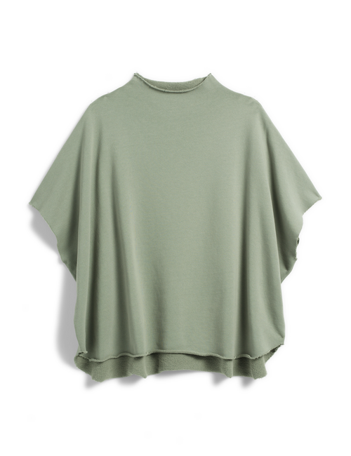 An oversized sage green knit poncho-style top with a mock neck and wide draped sleeves, shown flat against a white background., front view