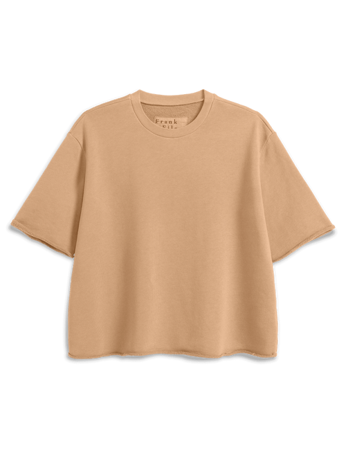 A short-sleeve crewneck t-shirt in a warm tan or camel color, laid flat against a solid white background. The brand name 'frank & eileen' is printed inside the collar., view 4