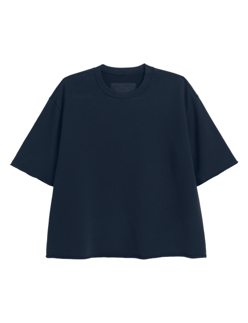 A dark navy blue short-sleeve crewneck t-shirt, presented flat against a solid white background., view 4