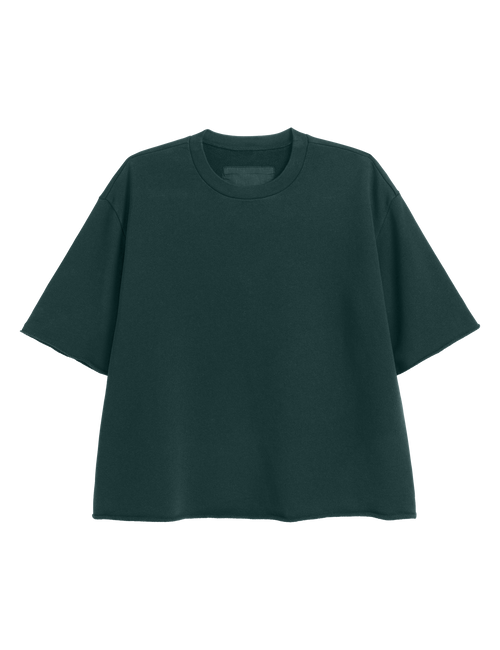 A dark green short-sleeve crewneck t-shirt, presented flat against a solid white background., view 3