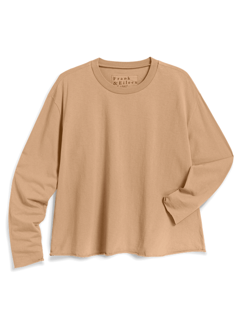 A long-sleeve crewneck t-shirt in a warm tan or camel color, laid flat against a clean white background. The brand name 'Frank & Eileen' is visible on the inner neck label., view 4