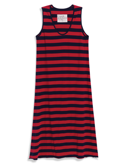 Red and navy striped dress on a transparent background, front view