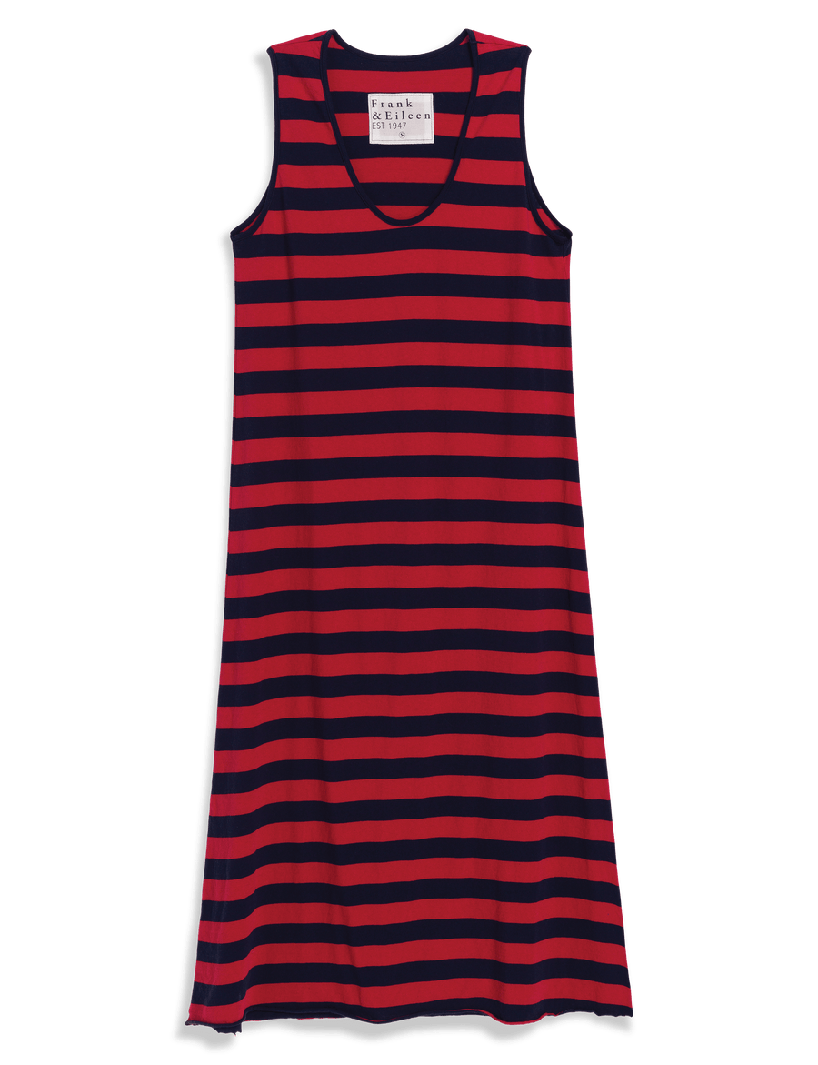 red and navy striped dress Navy Stripe Dress with Orange Contrast Placket