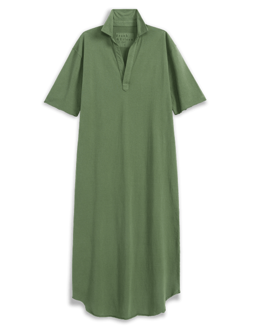 An olive green short-sleeve polo shirt dress with a relaxed fit, displayed against a solid white background., view 3
