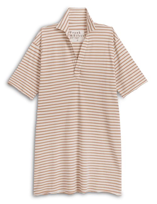 A short-sleeve dress with thin horizontal beige and white stripes, featuring a classic collar and a partial button placket. , view 4