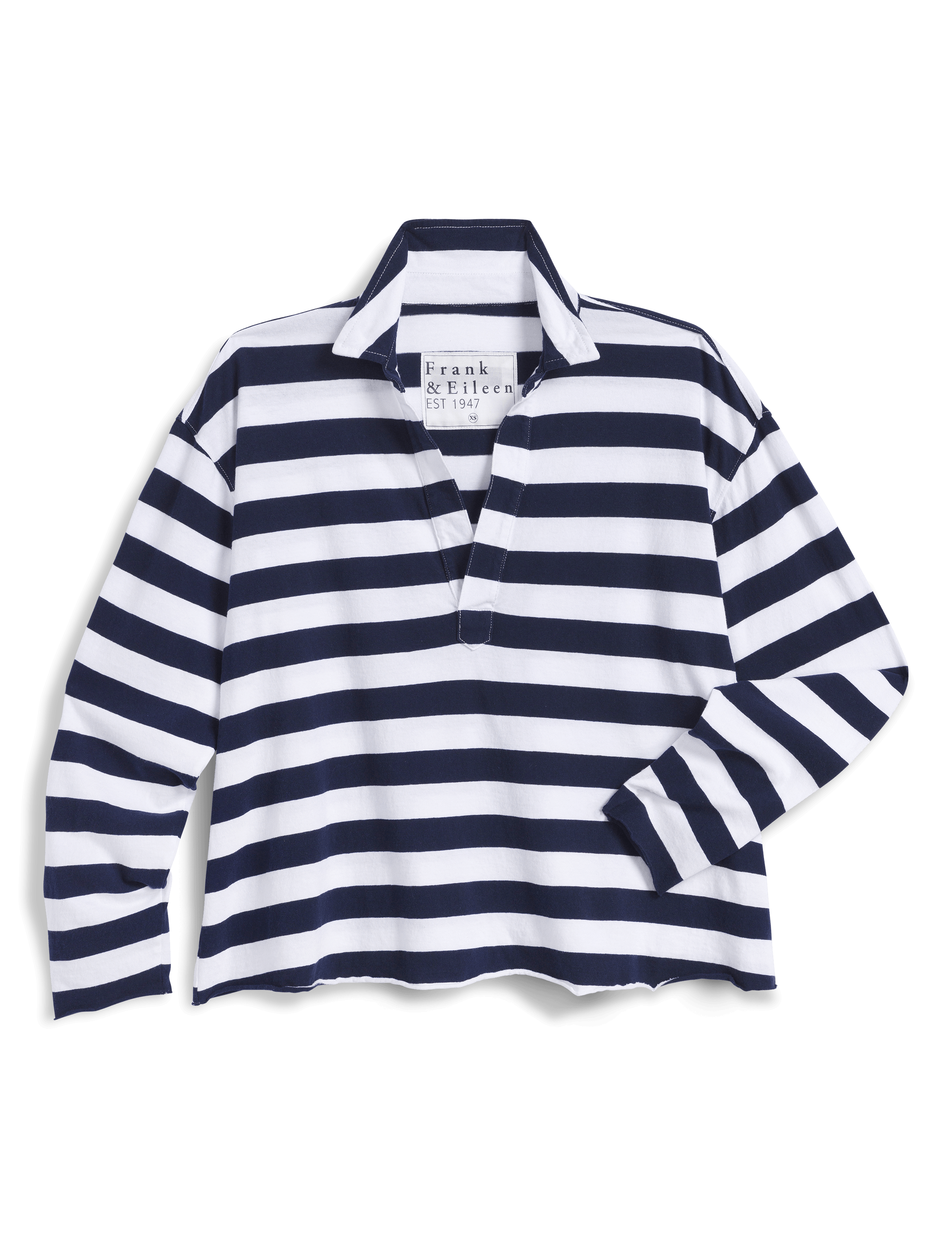 Navy and white striped shirt with brand label on a black background, view 6