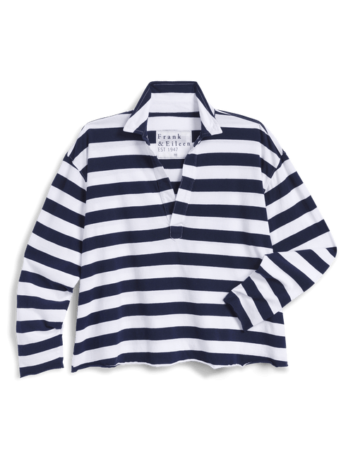 Navy and white striped shirt with brand label on a black background, view 6