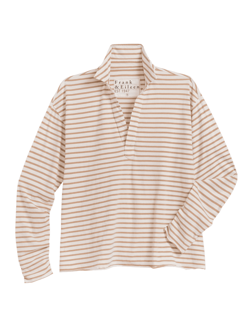 A long-sleeve collared knit top with thin horizontal beige stripes on a white base, shown against a solid dark green background. The brand name Frank & Eileen, view 6