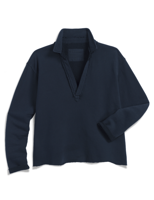 A dark navy blue long-sleeve pullover sweatshirt with a  V-neck collar, displayed flat against a white background., view 4