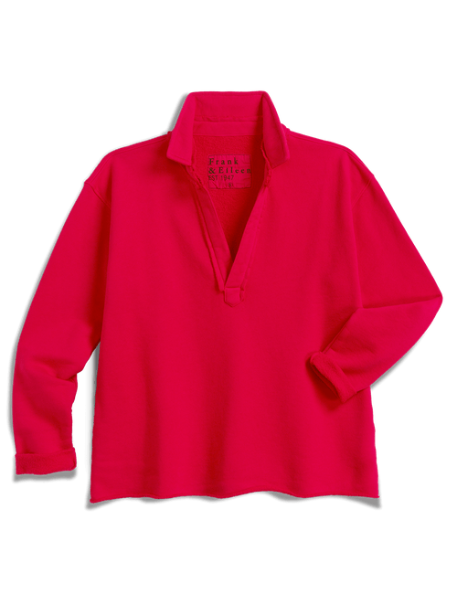 A bright red long-sleeve polo shirt with a half-placket button closure, displayed flat against a white background., view 4