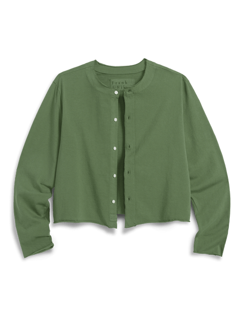 An olive green long-sleeve cropped cardigan with a button-up front, laid flat against a solid black background., view 4