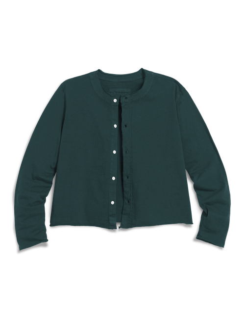 A dark green cropped button-up cardigan with long sleeves and white buttons, laid flat on a white background., view 4