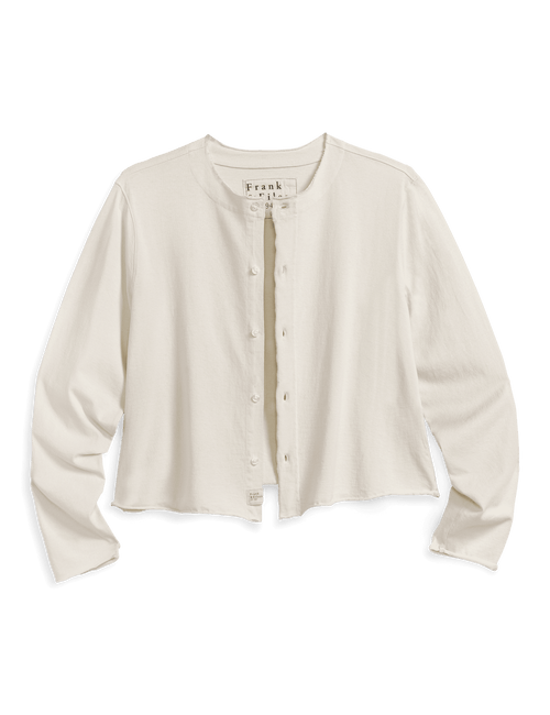 An off-white long-sleeve button-front cardigan, displayed flat against a solid dark green background., view 6