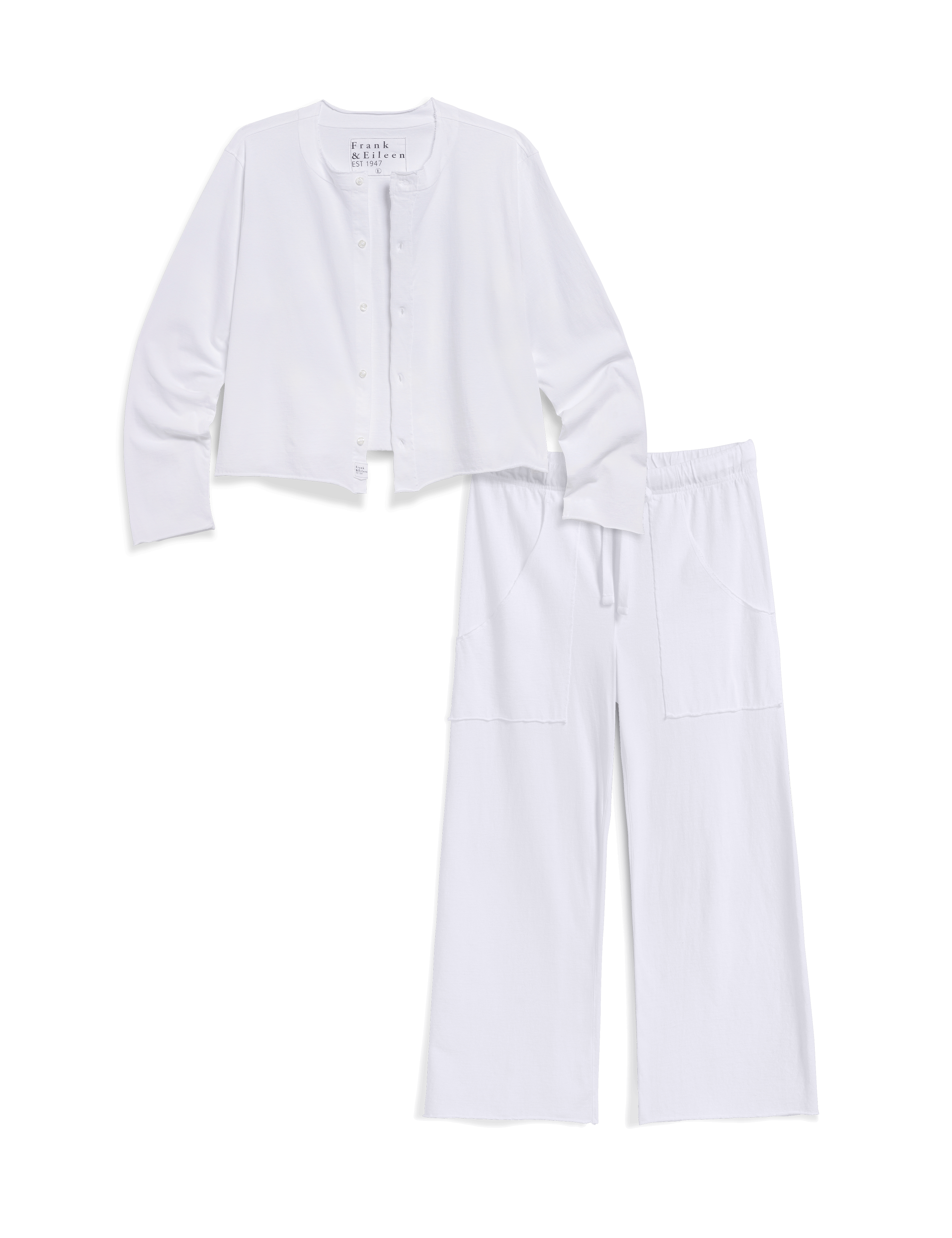 White outfit with a cardigan and pants on a white background, view 4