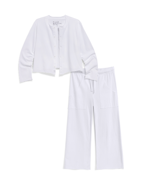 White outfit with a cardigan and pants on a white background, view 4