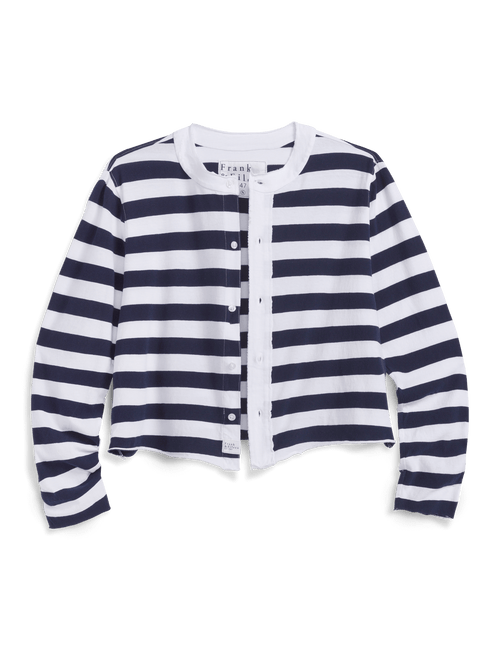 Navy and white striped cardigan on a black background, view 4