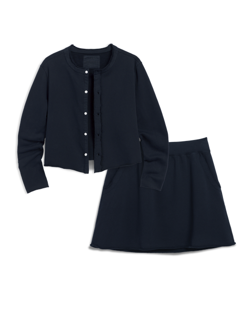 Navy blue outfit with jacket and skirt on a white background, view 5
