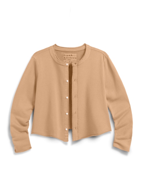 A cropped long-sleeve cardigan in a warm camel beige color, featuring a round neckline, a button-up front, and white buttons, shown against a plain white background., view 4