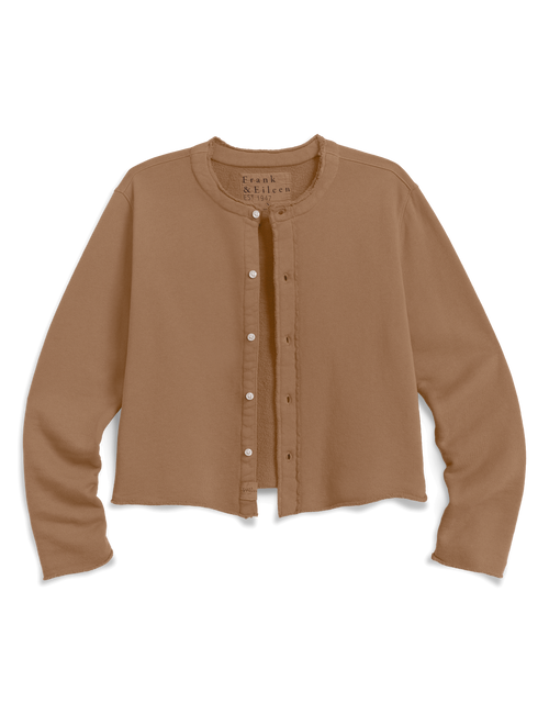 A cropped, long-sleeve button-front cardigan in a warm tan-brown color, featuring a round neckline and small decorative buttons down the front, shown on a plain white background., view 6
