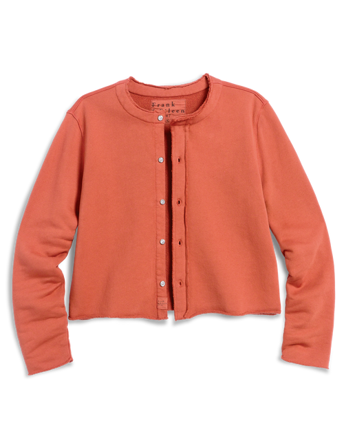 A orange long-sleeve cropped cardigan with a round neckline and a button-up front, shown flat on a white background., view 4