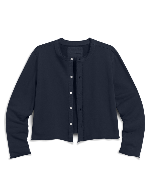 Navy long-sleeve cardigan with buttons on a black background, view 4