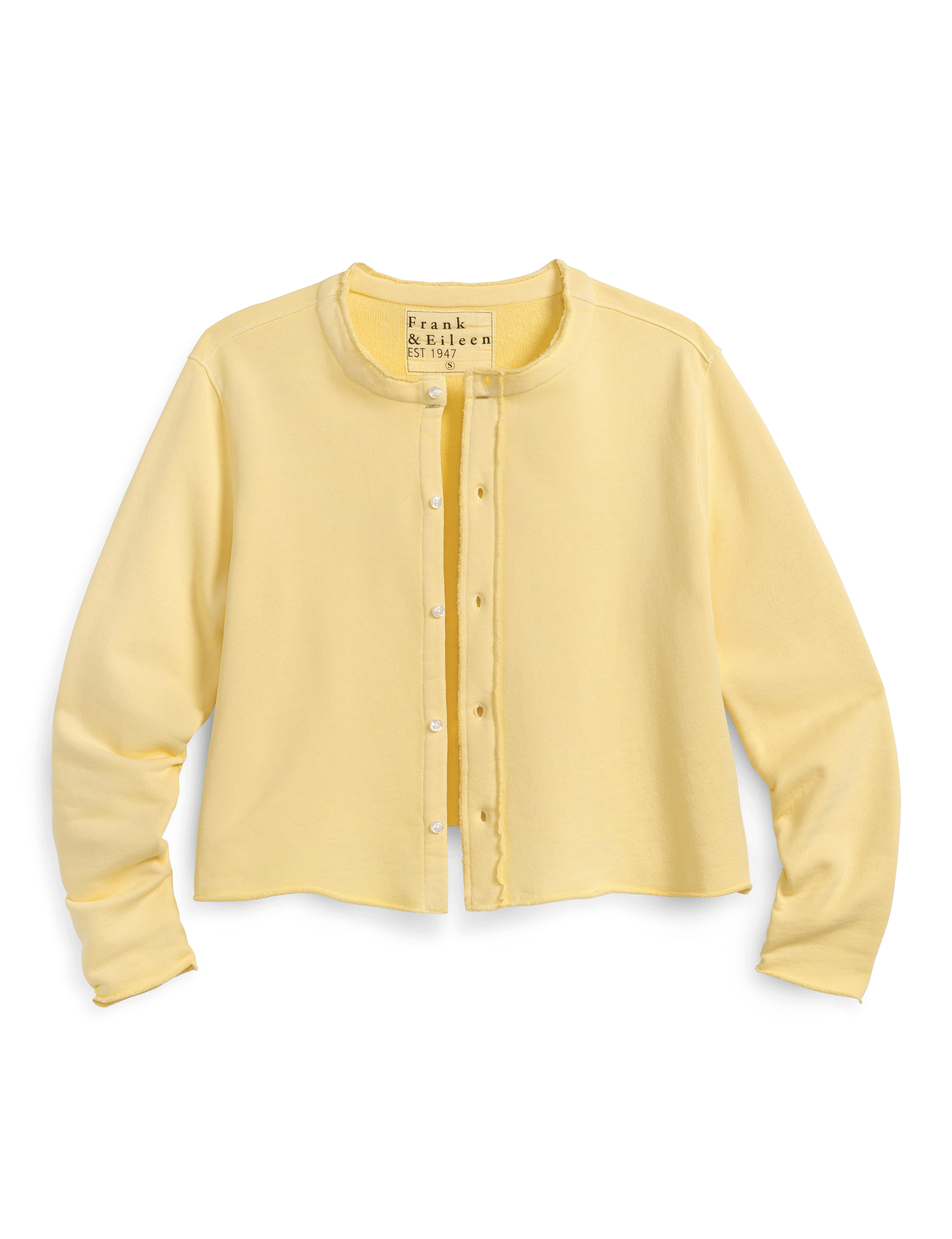 Yellow cardigan with brand logo on a white background