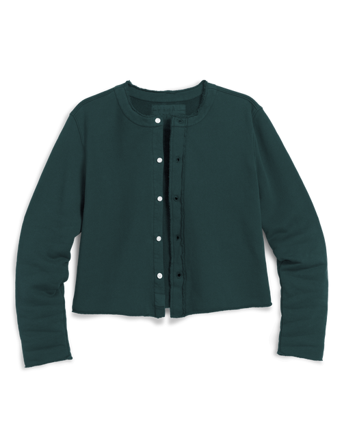 A dark forest green long-sleeve cropped cardigan with a button-up front, featuring white buttons and a round neckline, displayed on a clean white background., view 4