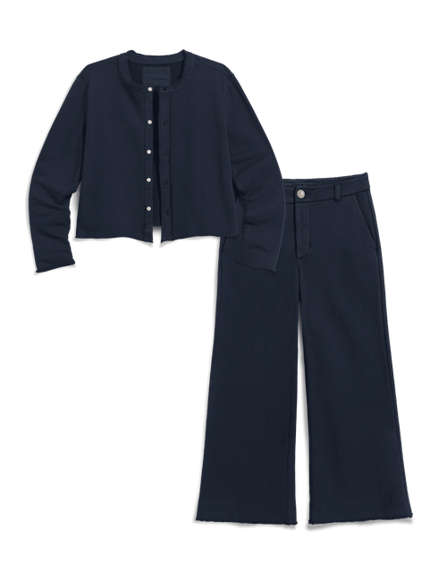 A two-piece navy blue outfit set consisting of a cropped button-front cardigan and matching wide-leg trousers, displayed on a clean white background., view 6